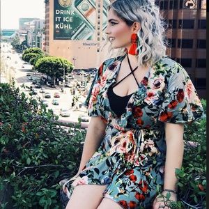 “Amie” Grey Floral Wrap Dress